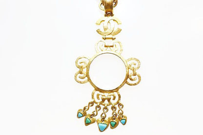 Chanel Long Necklace Pendant with Loupe Turquoise CC Logo Gold — view 3