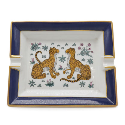 Hermes Ashtray Tray Case Panthere Leopard Print Animal Ceramic White Navy Gold