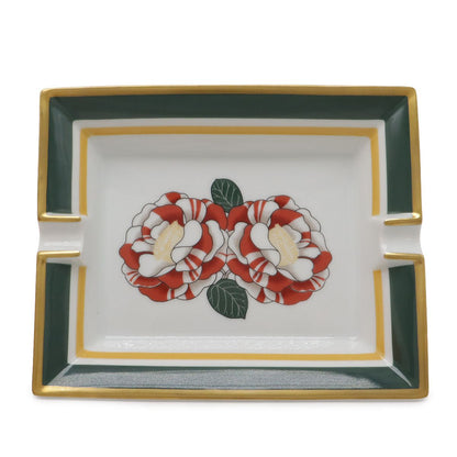 Hermes Ashtray Tray Case Floral Pattern Camellia Ceramic White Red Green Yellow