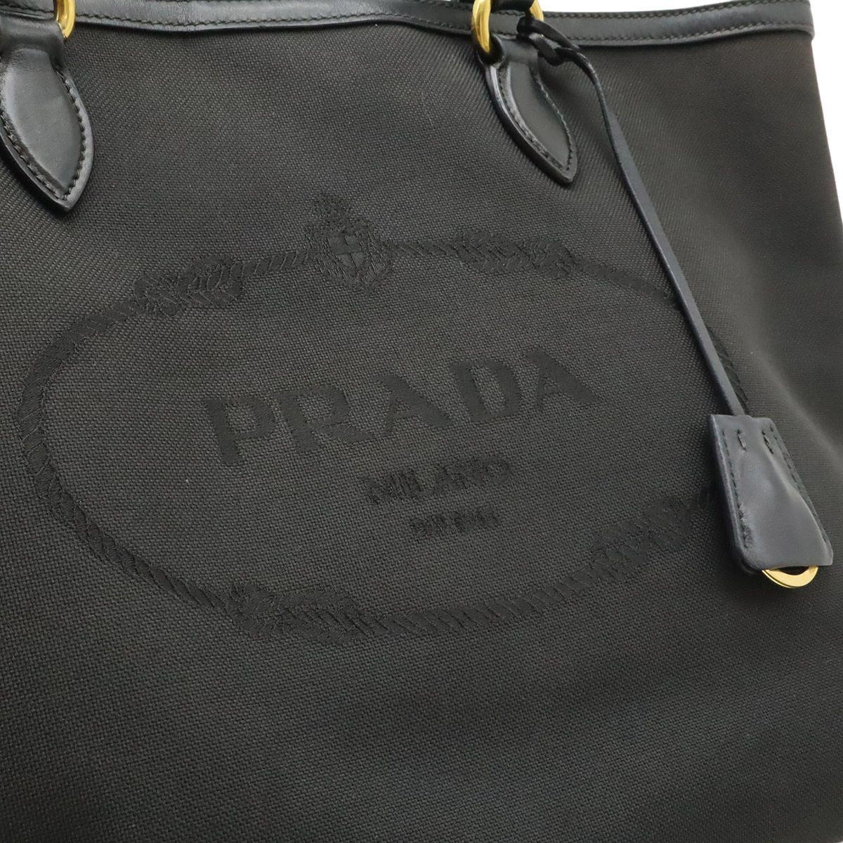 Prada Logo Jacquard Tote Shoulder Canvas Leather Nero Black — view 9