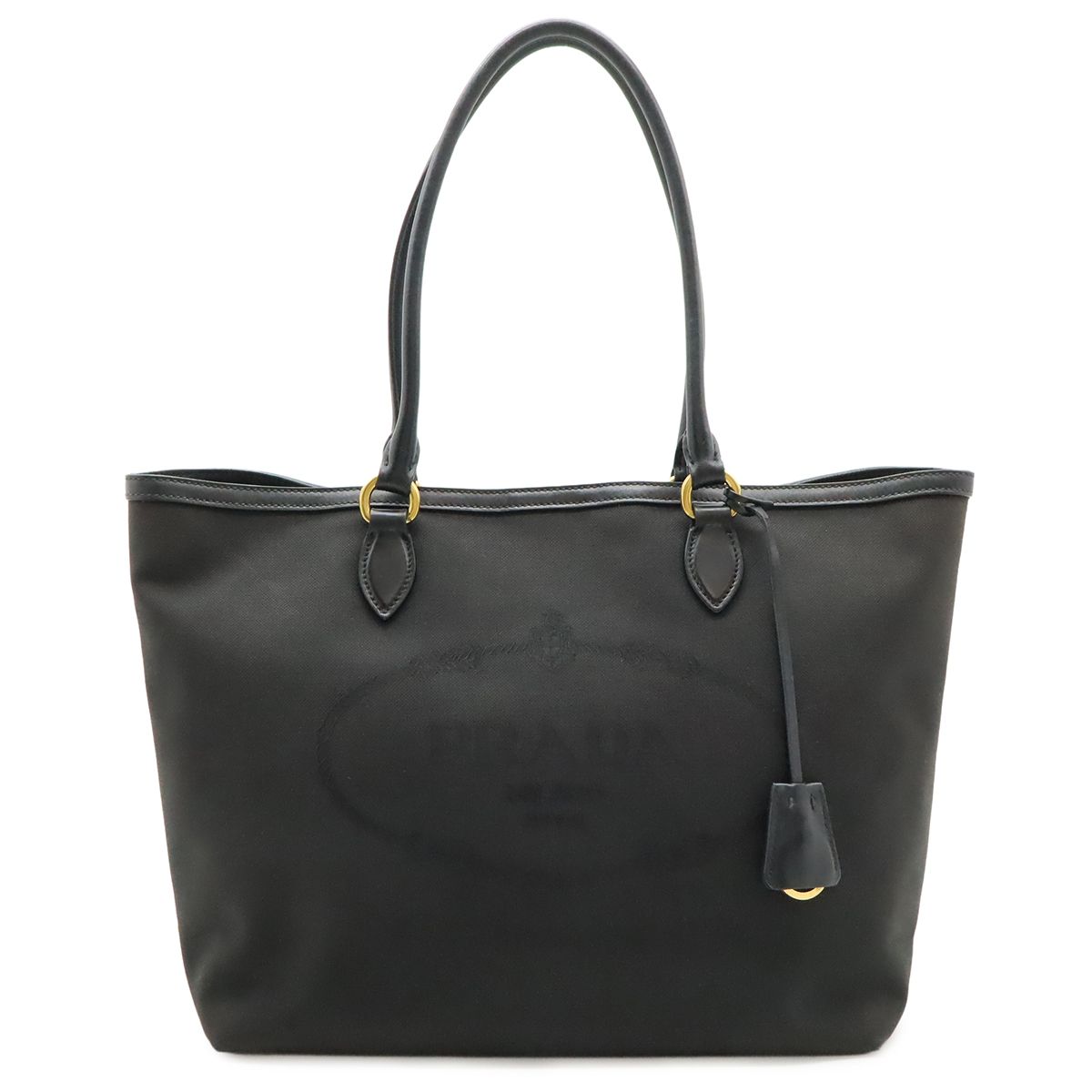 Prada Logo Jacquard Tote Shoulder Canvas Leather Nero Black