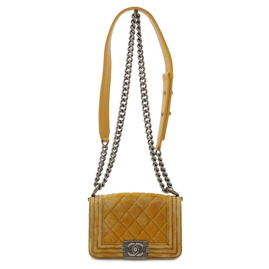 Chanel Quilted CC Logo Chain Shoulder Bag Pochette Velvet Leather Yellow Silver