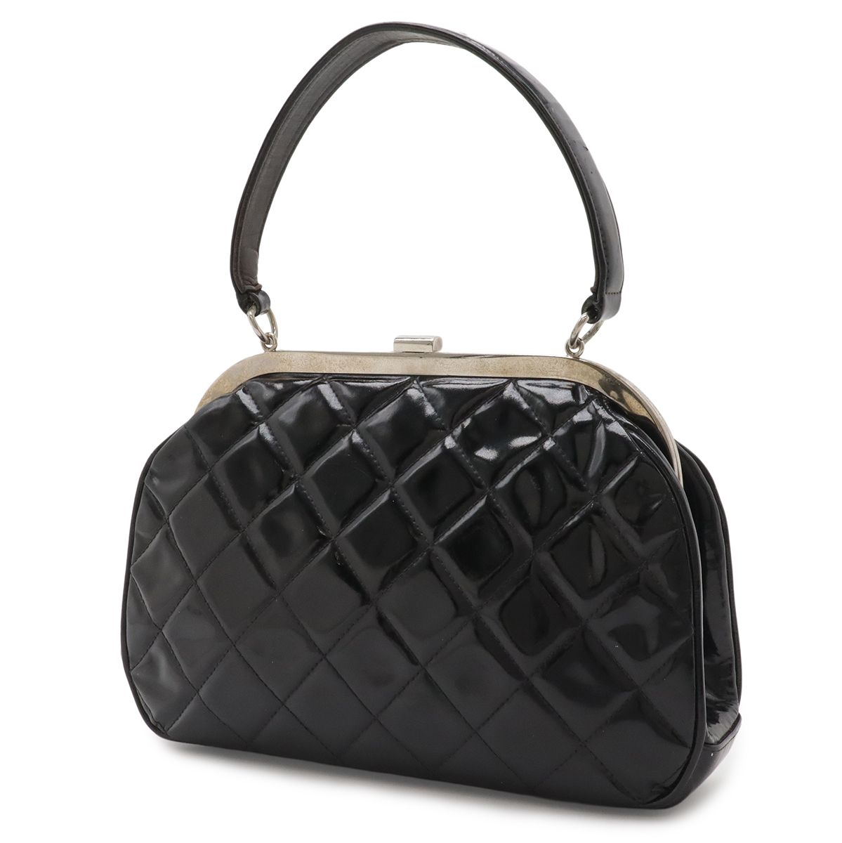 Chanel Quilted CC Logo Handbag One Handle Gamaguchi Enamel Black Silver — view 2