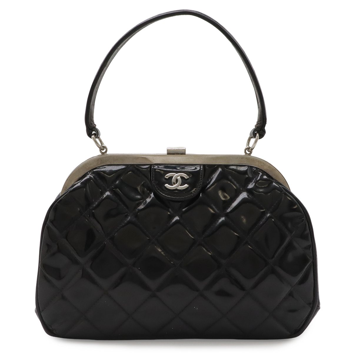 Chanel Quilted CC Logo Handbag One Handle Gamaguchi Enamel Black Silver