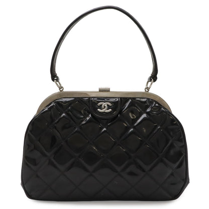 Chanel Quilted CC Logo Handbag One Handle Gamaguchi Enamel Black Silver