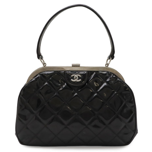 Chanel Quilted CC Logo Handbag One Handle Gamaguchi Enamel Black Silver
