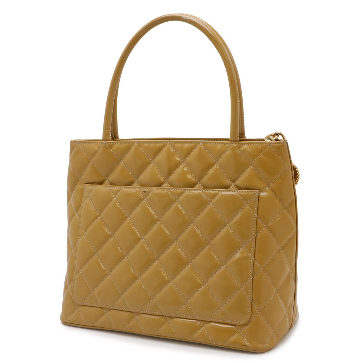 Chanel Quilted CC Logo Medallion Tote Shoulder Bag Enamel Patent Leather Yellow — view 2