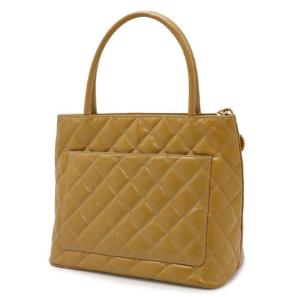 Chanel Quilted CC Logo Medallion Tote Shoulder Bag Enamel Patent Leather Yellow — view 2