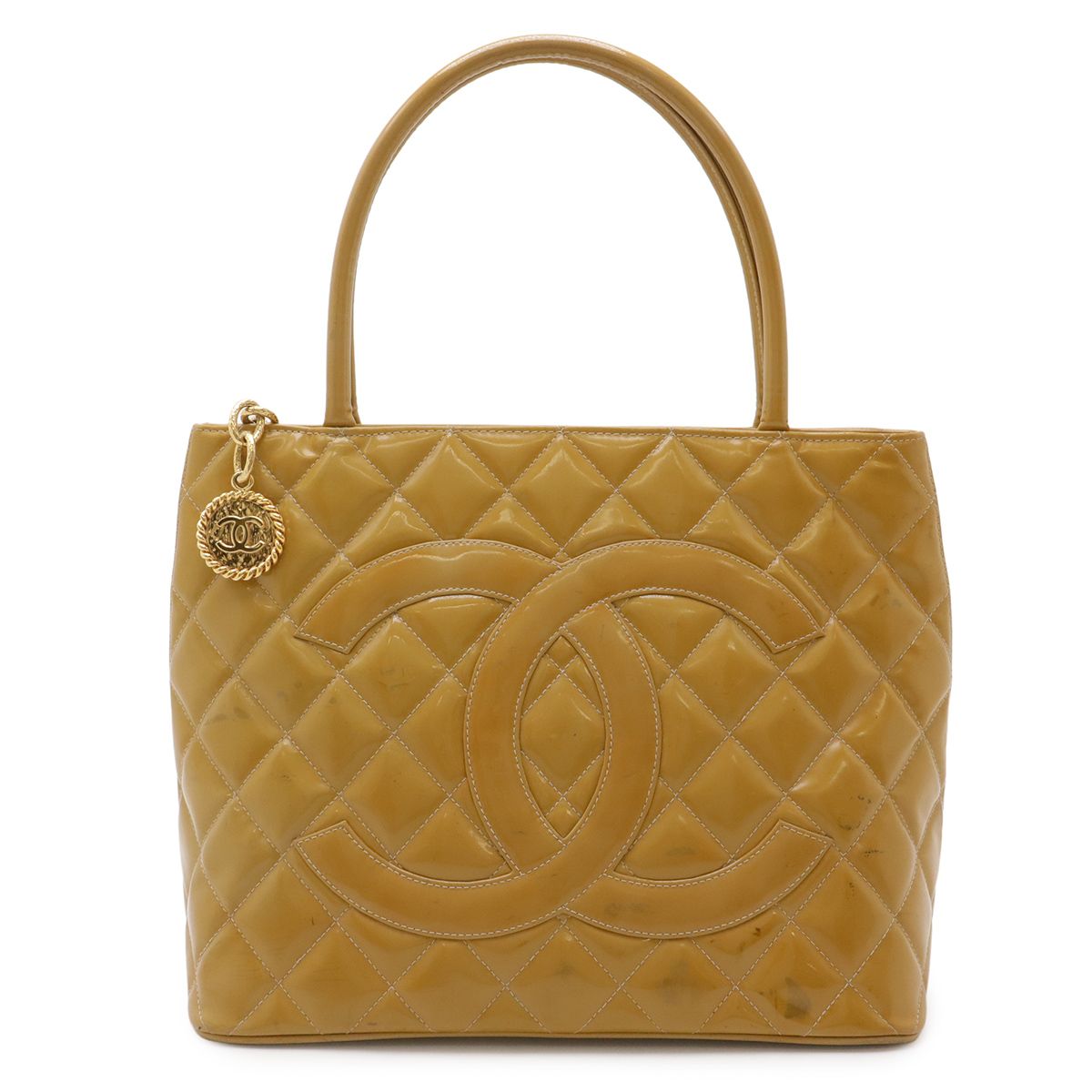 Chanel Quilted CC Logo Medallion Tote Shoulder Bag Enamel Patent Leather Yellow