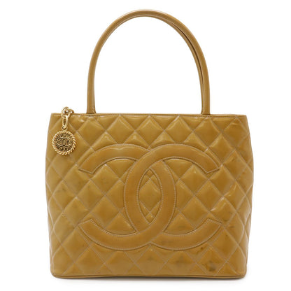 Chanel Quilted CC Logo Medallion Tote Shoulder Bag Enamel Patent Leather Yellow