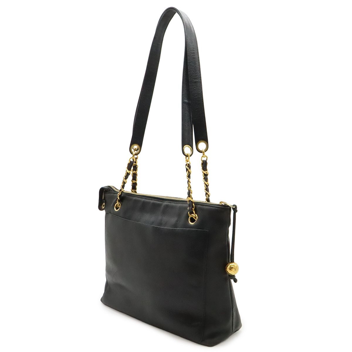 Chanel CC Logo Chain Tote Shoulder Bag Caviar Leather Black Gold — view 2