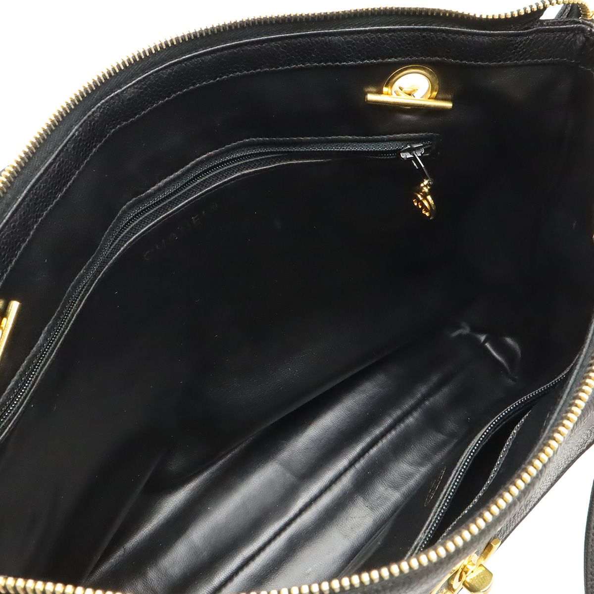 Chanel CC Logo Chain Tote Shoulder Bag Caviar Leather Black Gold — view 7