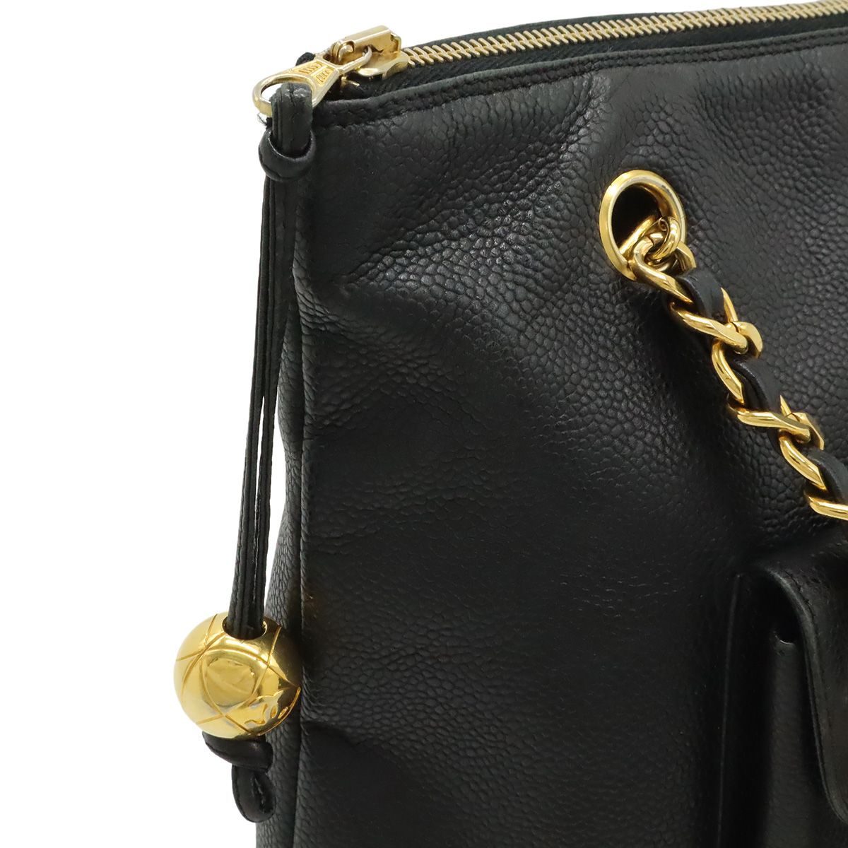 Chanel CC Logo Chain Tote Shoulder Bag Caviar Leather Black Gold — view 6