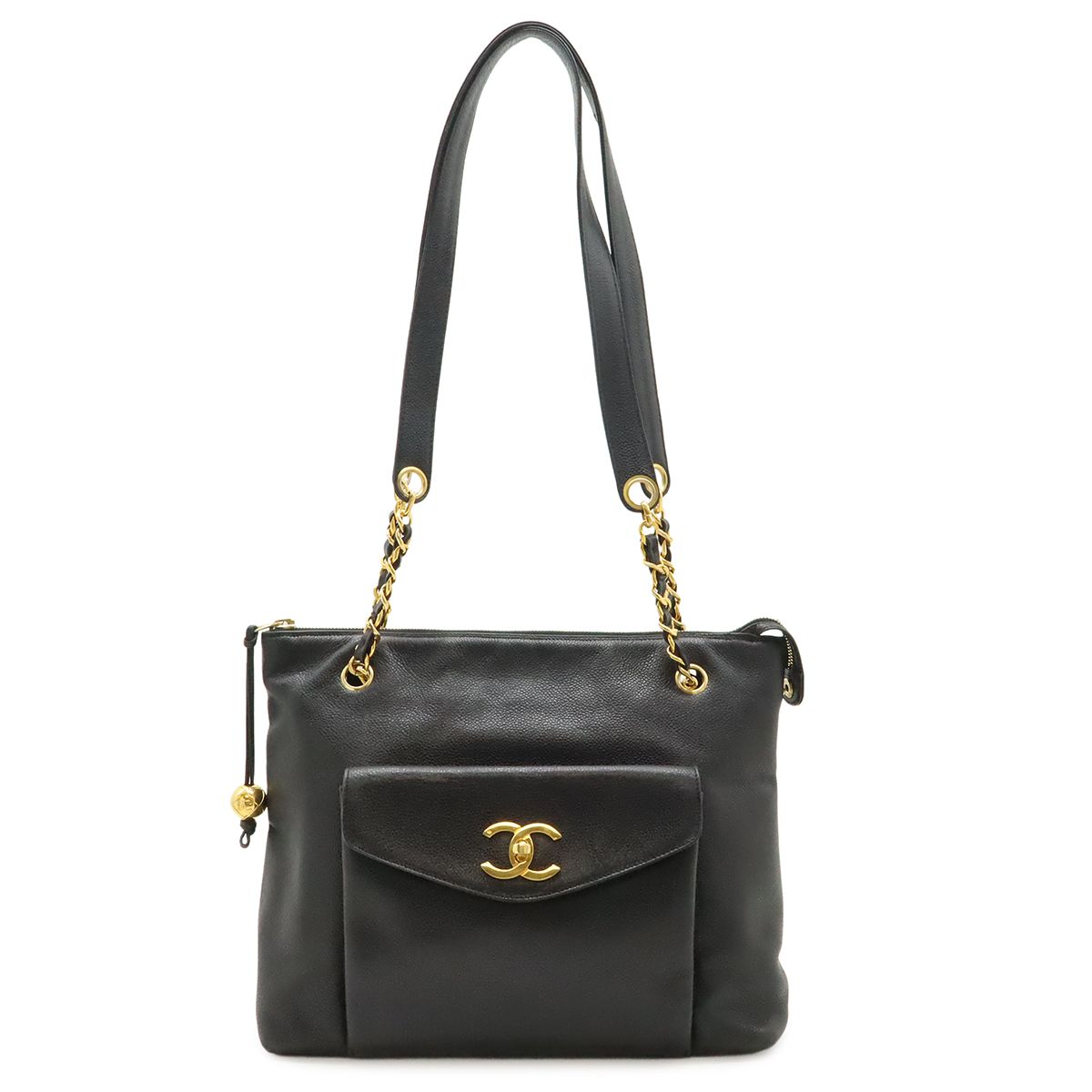 Chanel CC Logo Chain Tote Shoulder Bag Caviar Leather Black Gold
