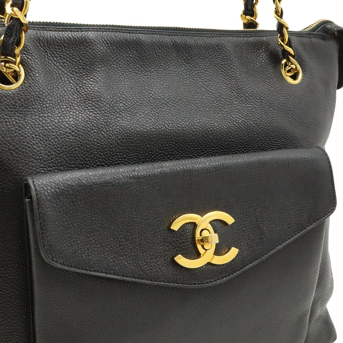 Chanel CC Logo Chain Tote Shoulder Bag Caviar Leather Black Gold — view 8