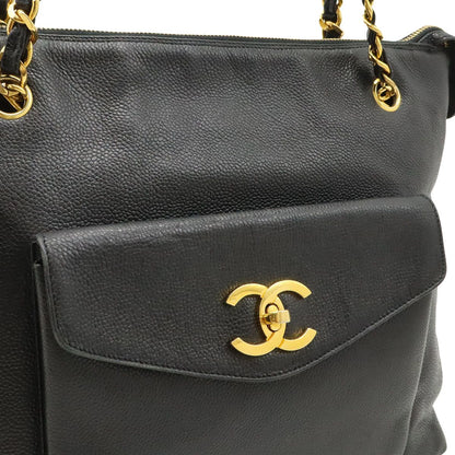 Chanel CC Logo Chain Tote Shoulder Bag Caviar Leather Black Gold — view 8