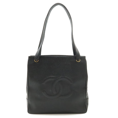 Chanel CC Logo Tote Shoulder Bag Caviar Leather Black Gold