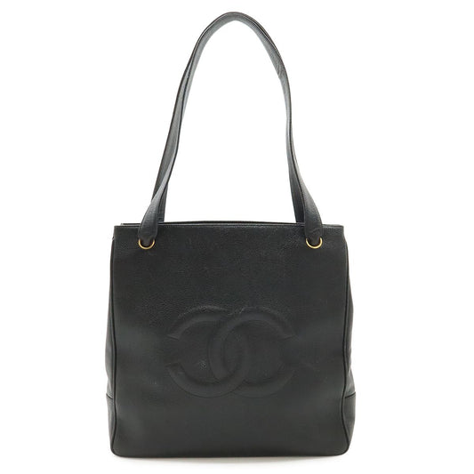 Chanel CC Logo Tote Shoulder Bag Caviar Leather Black Gold
