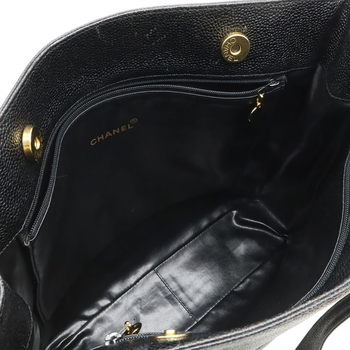 Chanel CC Logo Tote Shoulder Bag Caviar Leather Black Gold — view 6
