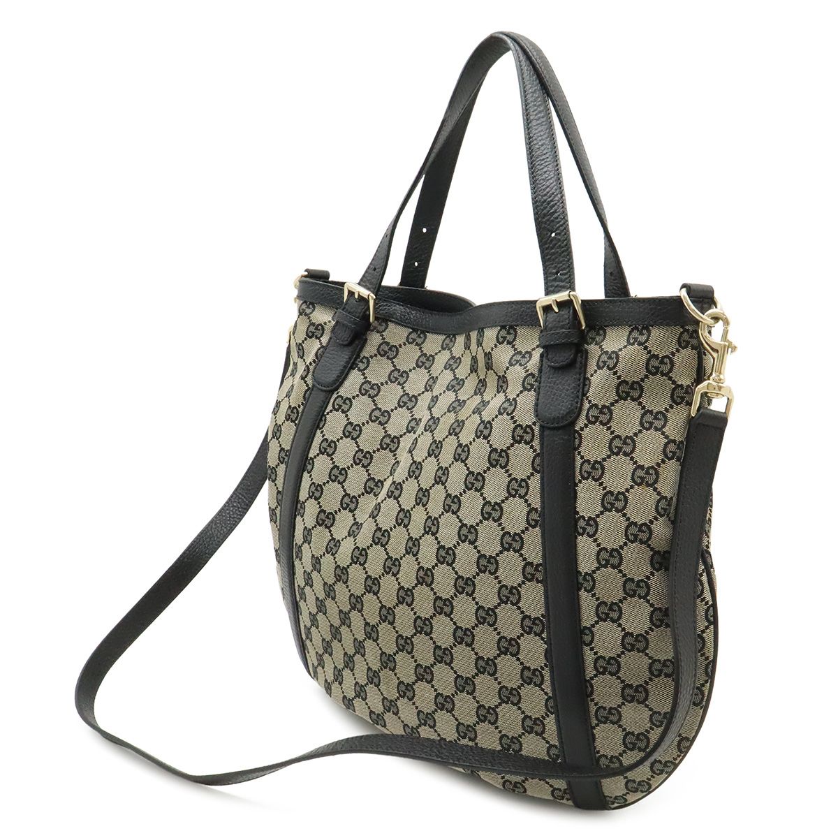 Gucci GG Canvas Tote 2-Way Shoulder Bag Crossbody Leather Beige Black Gold — view 2