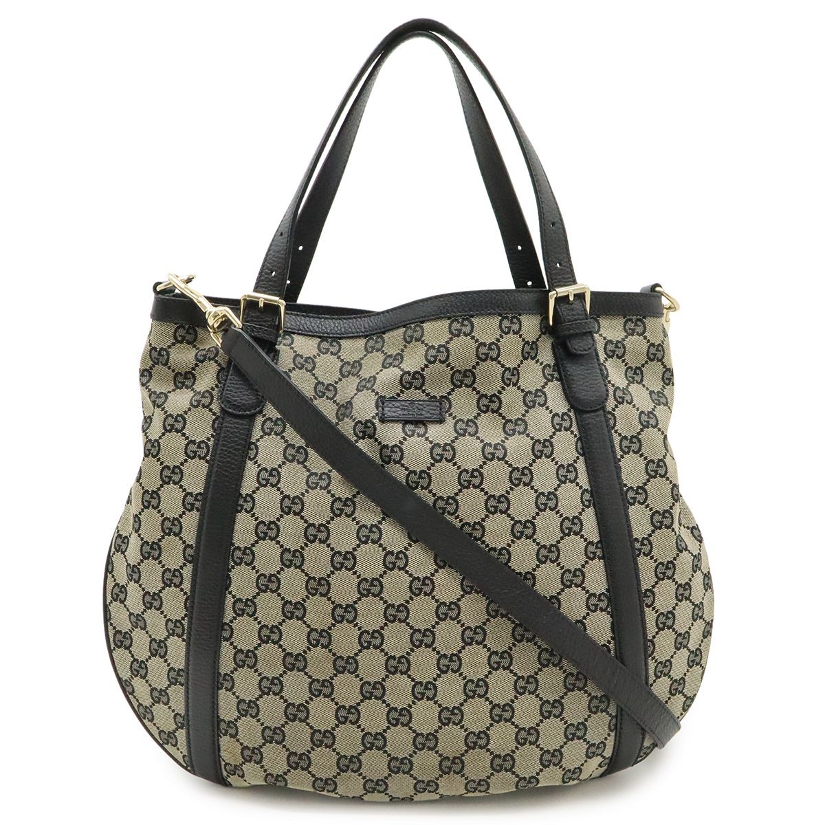 Gucci GG Canvas Tote 2-Way Shoulder Bag Crossbody Leather Beige Black Gold