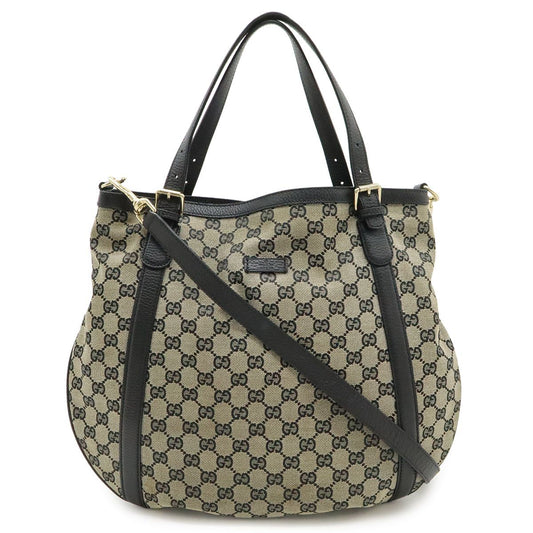 Gucci GG Canvas Tote 2-Way Shoulder Bag Crossbody Leather Beige Black Gold