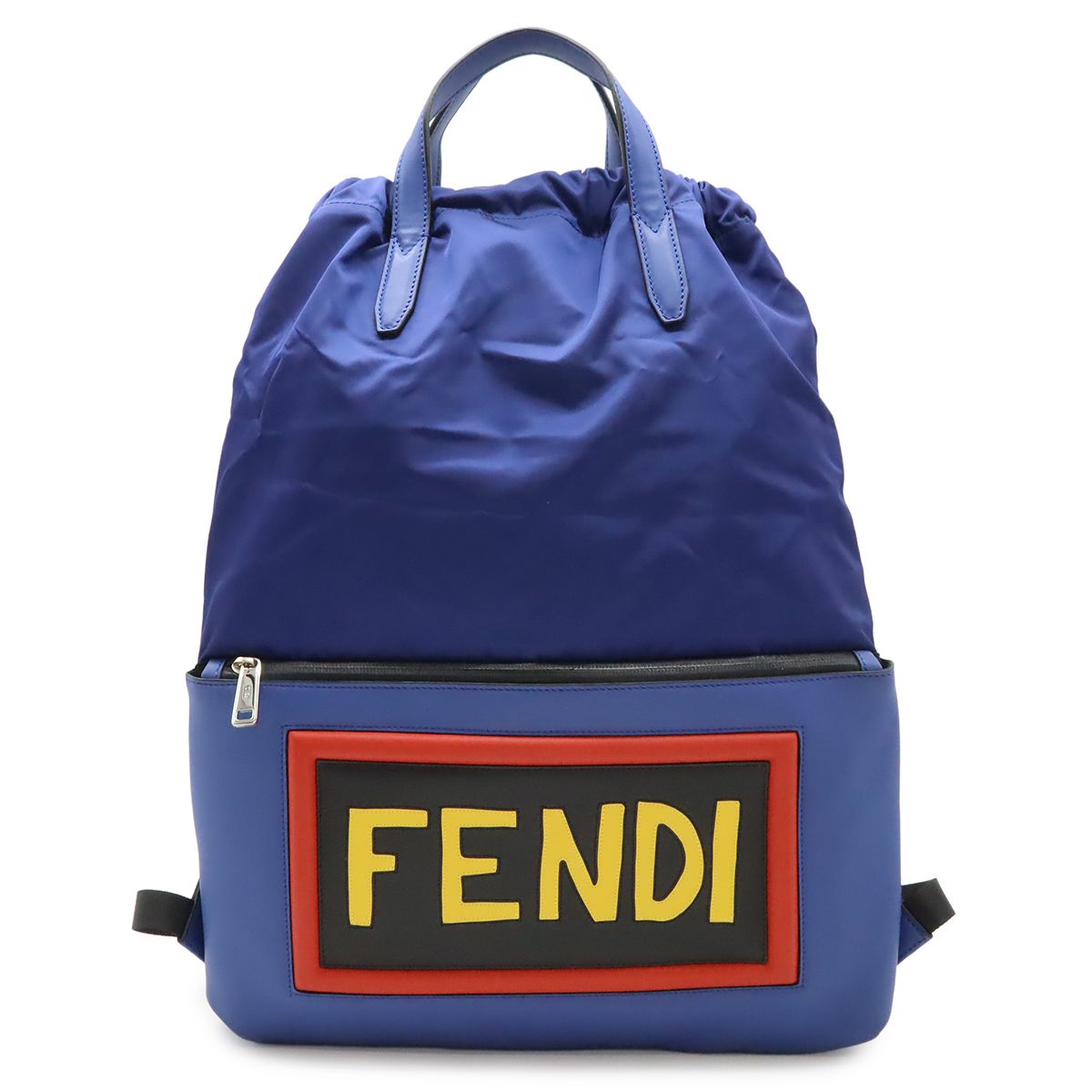 Fendi Logo Face Drawstring Backpack Nylon Leather Navy Blue Multicolor
