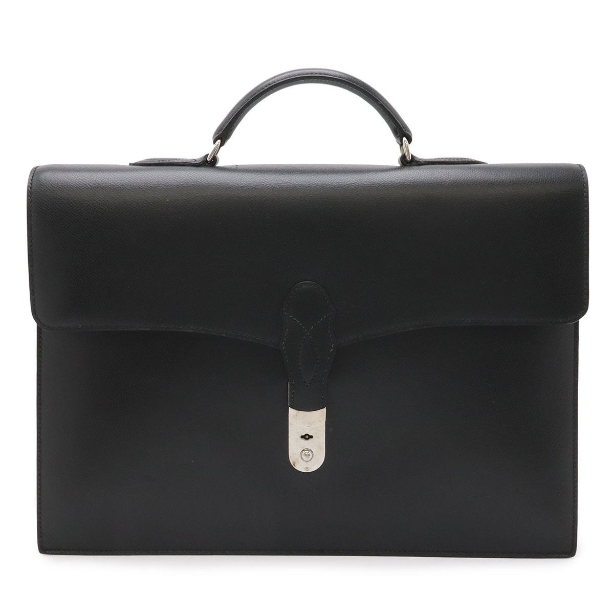 Hermes Terrill Business Briefcase Document Purse Leather Black Silver