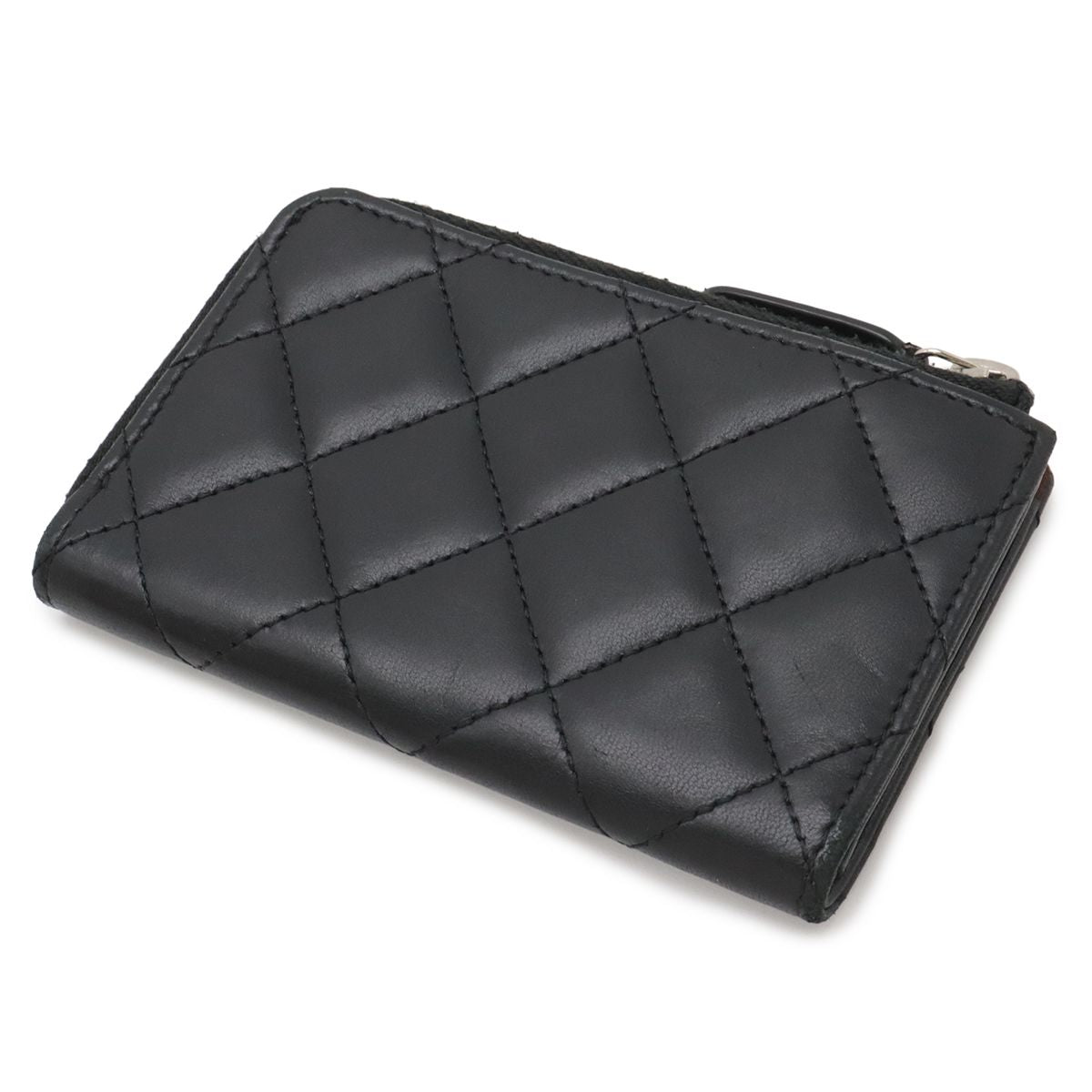 Chanel Quilted CC Logo Coin Purse L-shaped Zipper Lamb Black Silver Key Ring — view 2