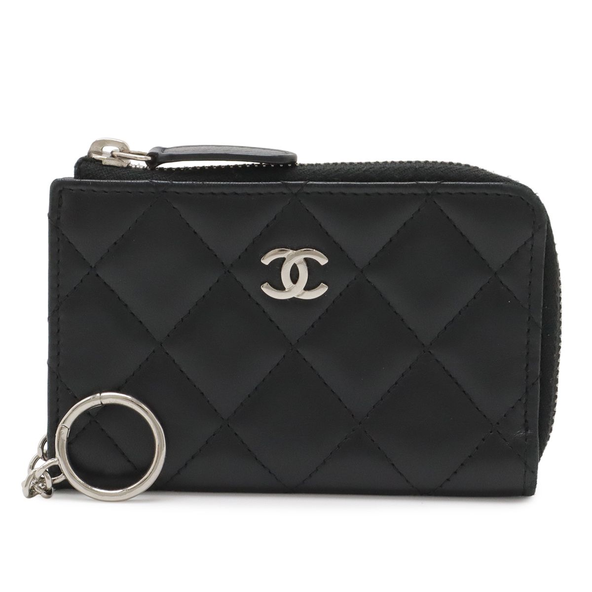Chanel Quilted CC Logo Coin Purse L-shaped Zipper Lamb Black Silver Key Ring