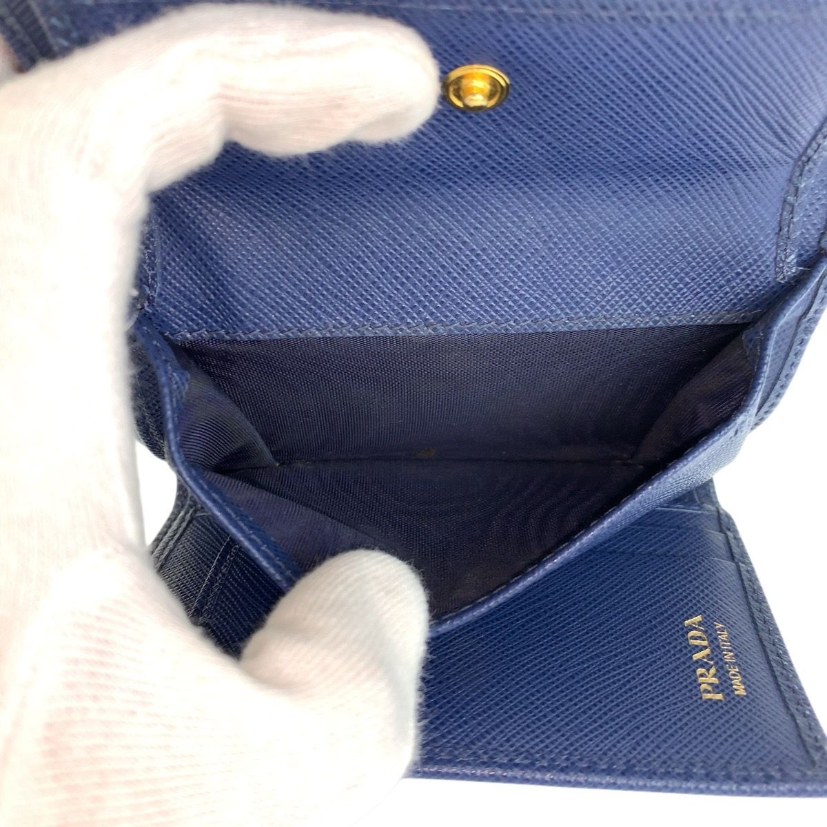 Prada Saffiano Fiocco Ribbon Navy Gold Leather Fold Wallet Compact — view 6