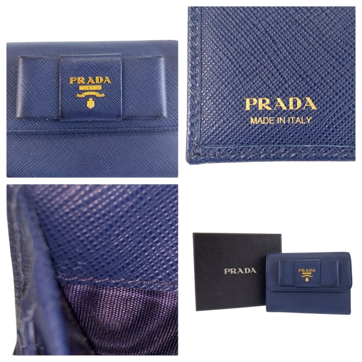 Prada Saffiano Fiocco Ribbon Navy Gold Leather Fold Wallet Compact — view 3