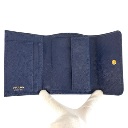 Prada Saffiano Fiocco Ribbon Navy Gold Leather Fold Wallet Compact — view 4