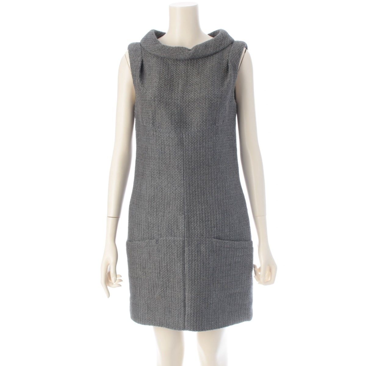 Chanel Wool Cotton Sleeve Griboa Button Dress Gray 36