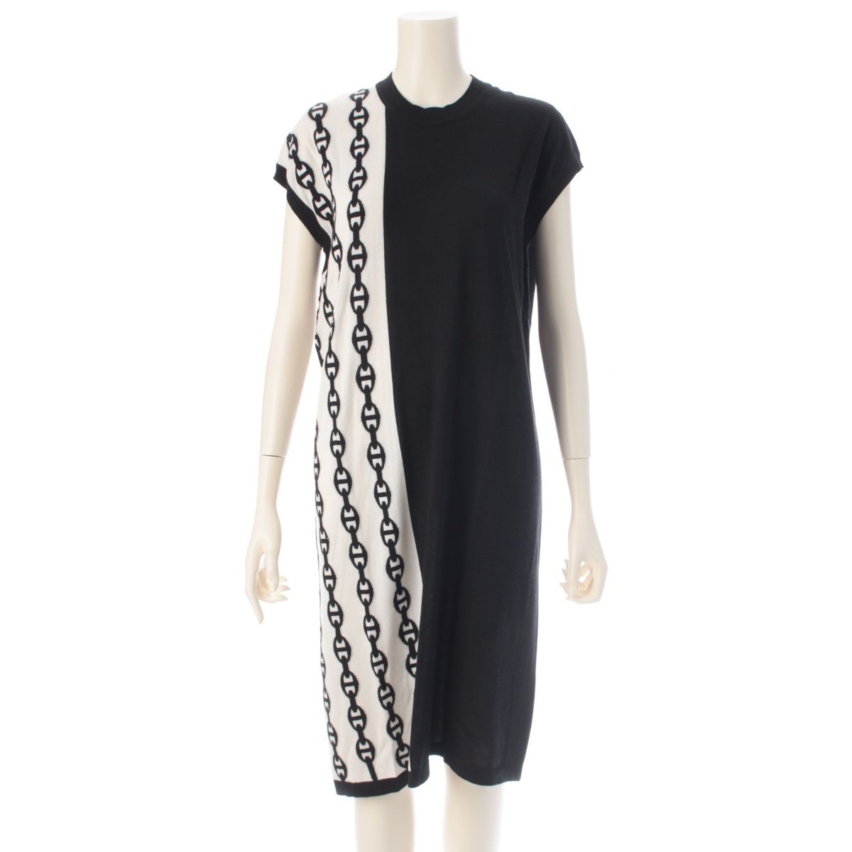 Hermes Cashmere Silk Chaine D'ancre Bicolor Sleeveless Dress Black White 40
