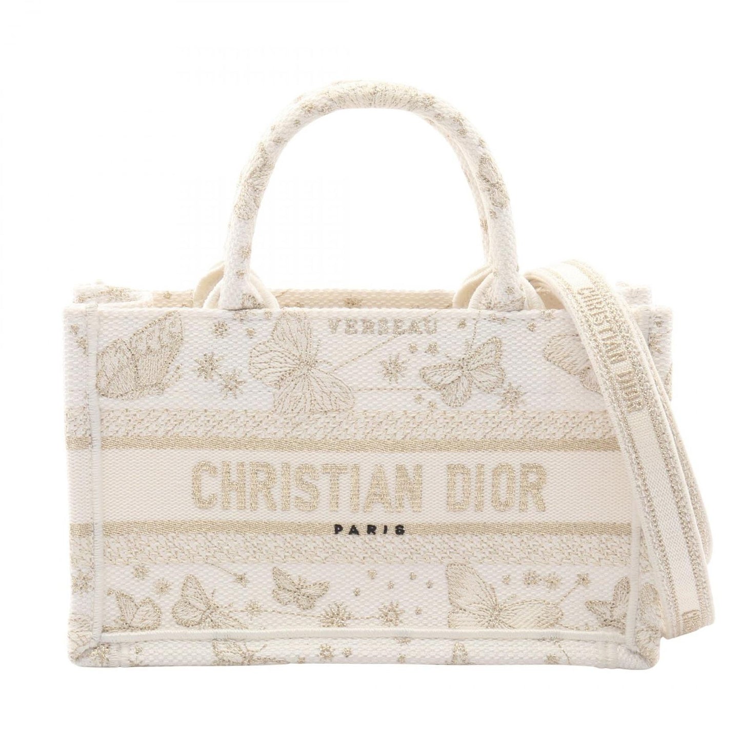 Dior Tote Book Mini Butterfly 2-Way White Champagne Gold Canvas Zodiac