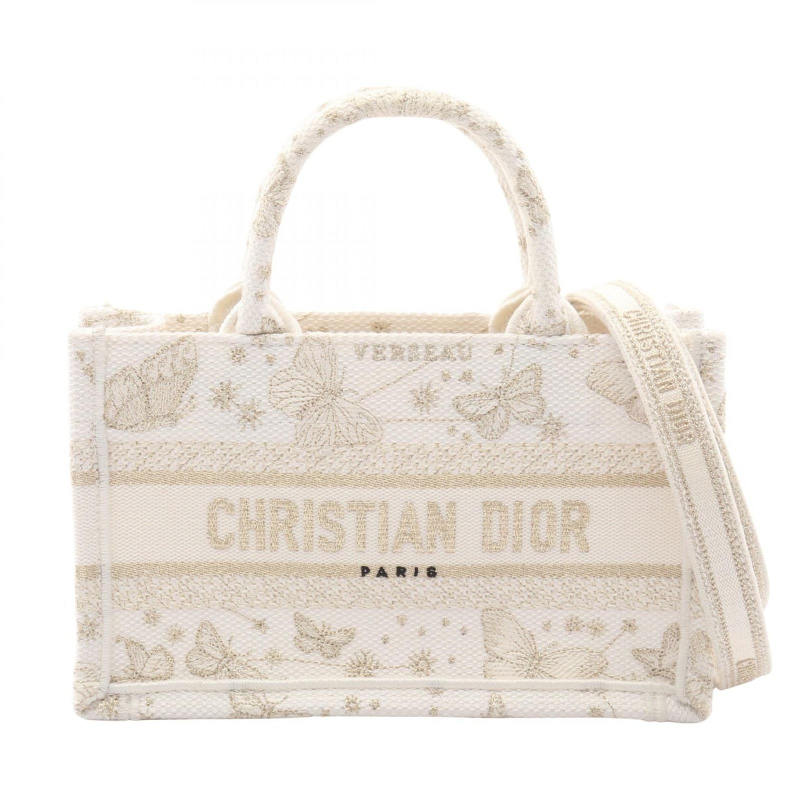 Dior Tote Book Mini Butterfly 2-Way White Champagne Gold Canvas Zodiac