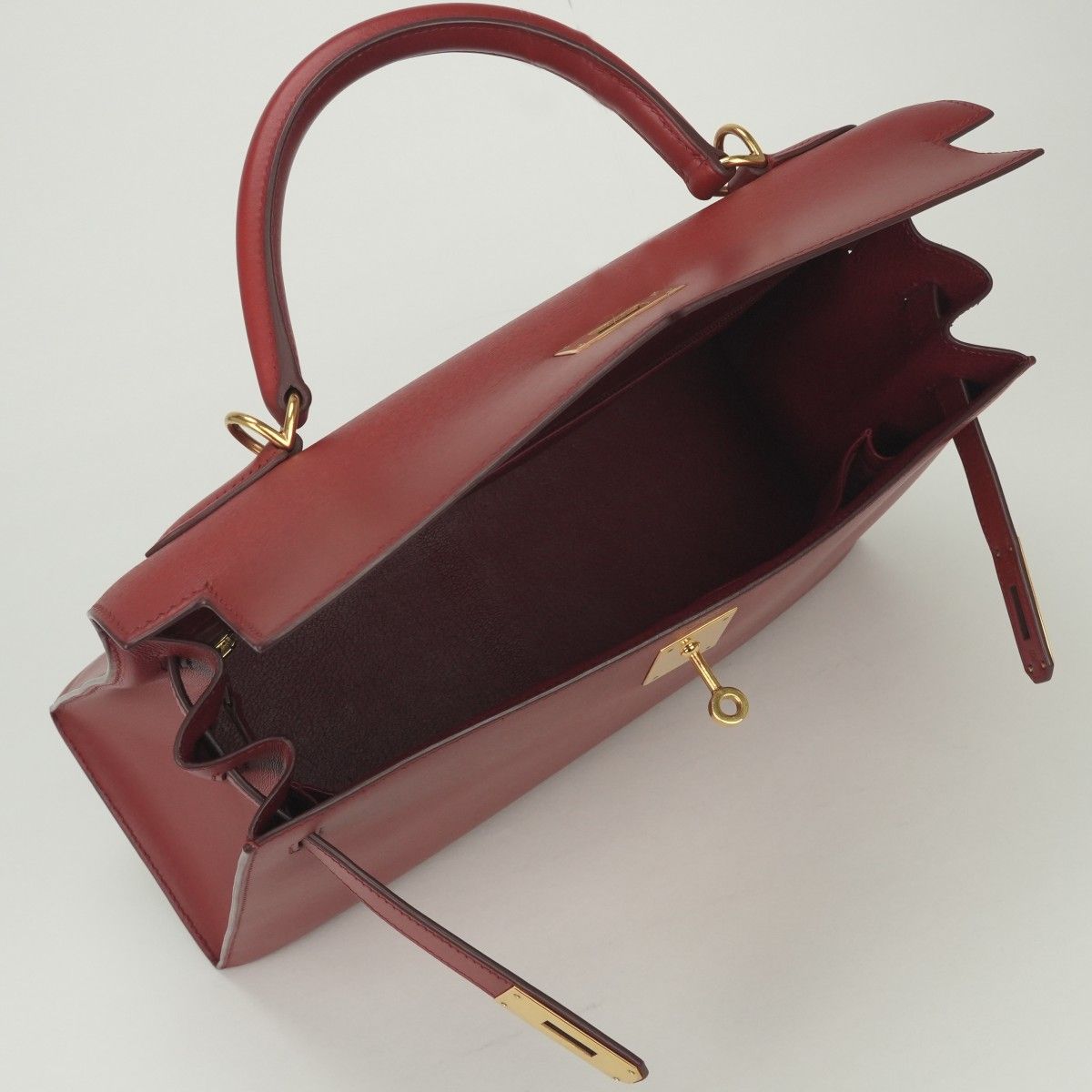 Hermes Kelly 32 Tote Shoulder Bag Box Calf Rougecasaque Red Gold 2-Way — view 9