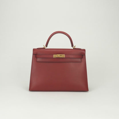 Hermes Kelly 32 Tote Shoulder Bag Box Calf Rougecasaque Red Gold 2-Way