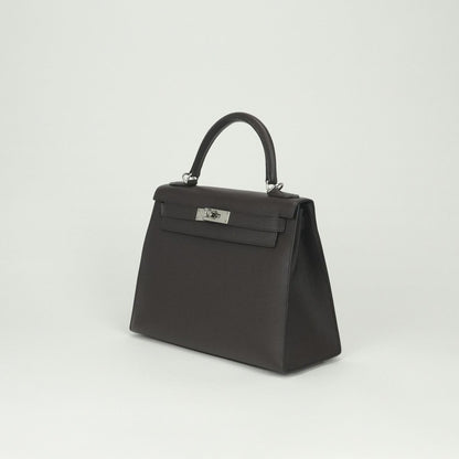 Hermes Kelly 28 Tote Shoulder Bag Epsom Chocolat Brown Silver Veau 2-Way Sellier — view 2
