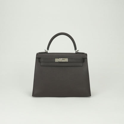 Hermes Kelly 28 Tote Shoulder Bag Epsom Chocolat Brown Silver Veau 2-Way Sellier