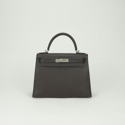 Hermes Kelly 28 Tote Shoulder Bag Epsom Chocolat Brown Silver Veau 2-Way Sellier