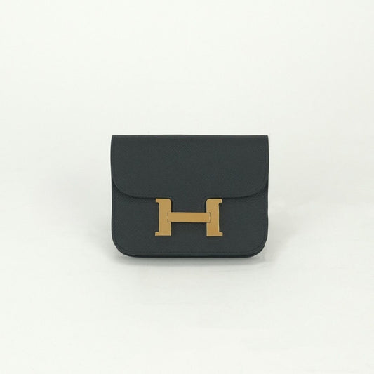 Hermes Constance Slim Wallet Bifold Mini Epsom Noir Black Gold Veau