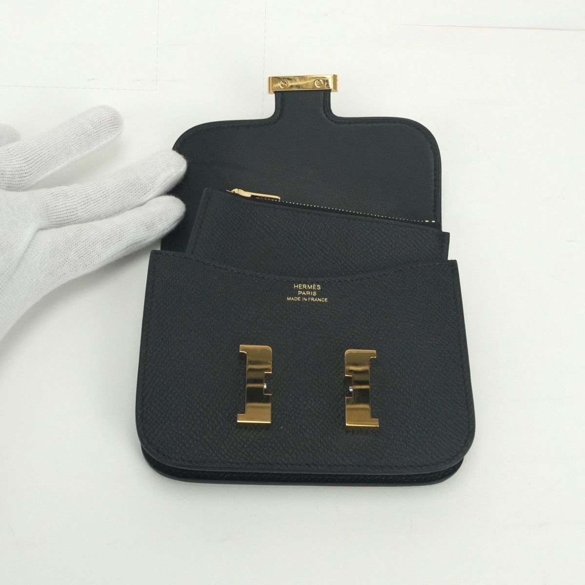 Hermes Constance Slim Wallet Bifold Mini Epsom Noir Black Gold Veau — view 5