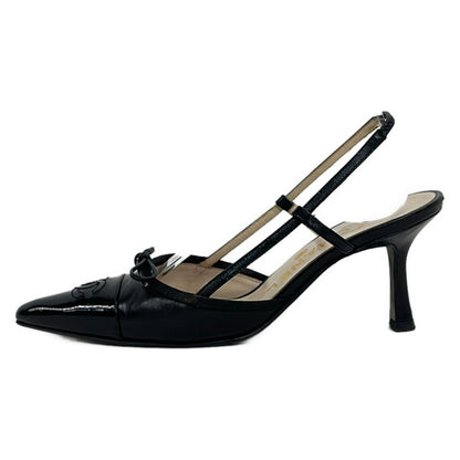 Chanel Sandals 34.5 Black Ribbon CC Logo Leather Lambskin