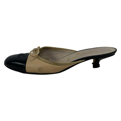 Chanel Mules 34.5 C Beige Black Ribbon CC Logo Lambskin
