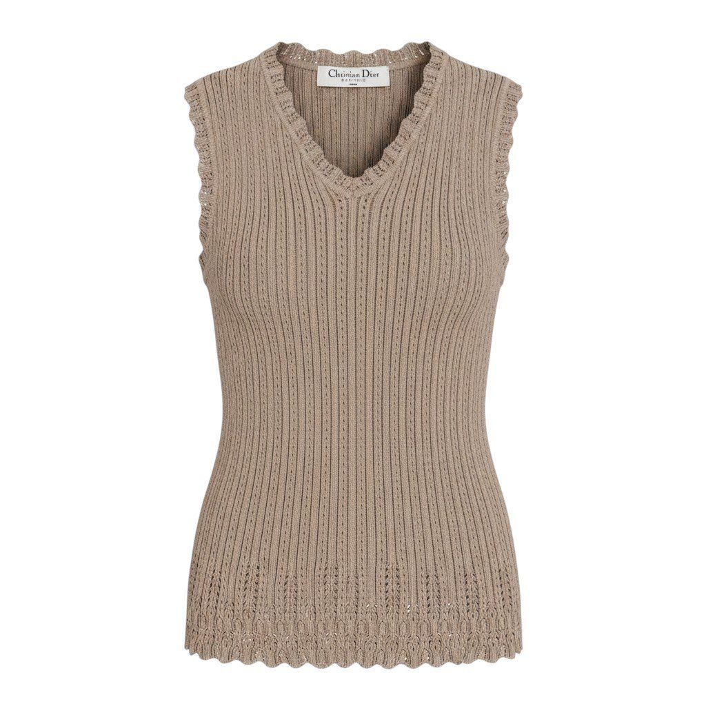 Dior Galiano Era Sleeveless Neck Knit Sweater Cotton Silk Top 38 Beige