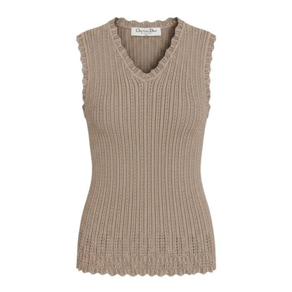 Dior Galiano Era Sleeveless Neck Knit Sweater Cotton Silk Top 38 Beige