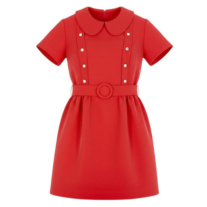 Louis Vuitton Belted Dress LV Logo Button Short Sleeve Hzl 38 Red