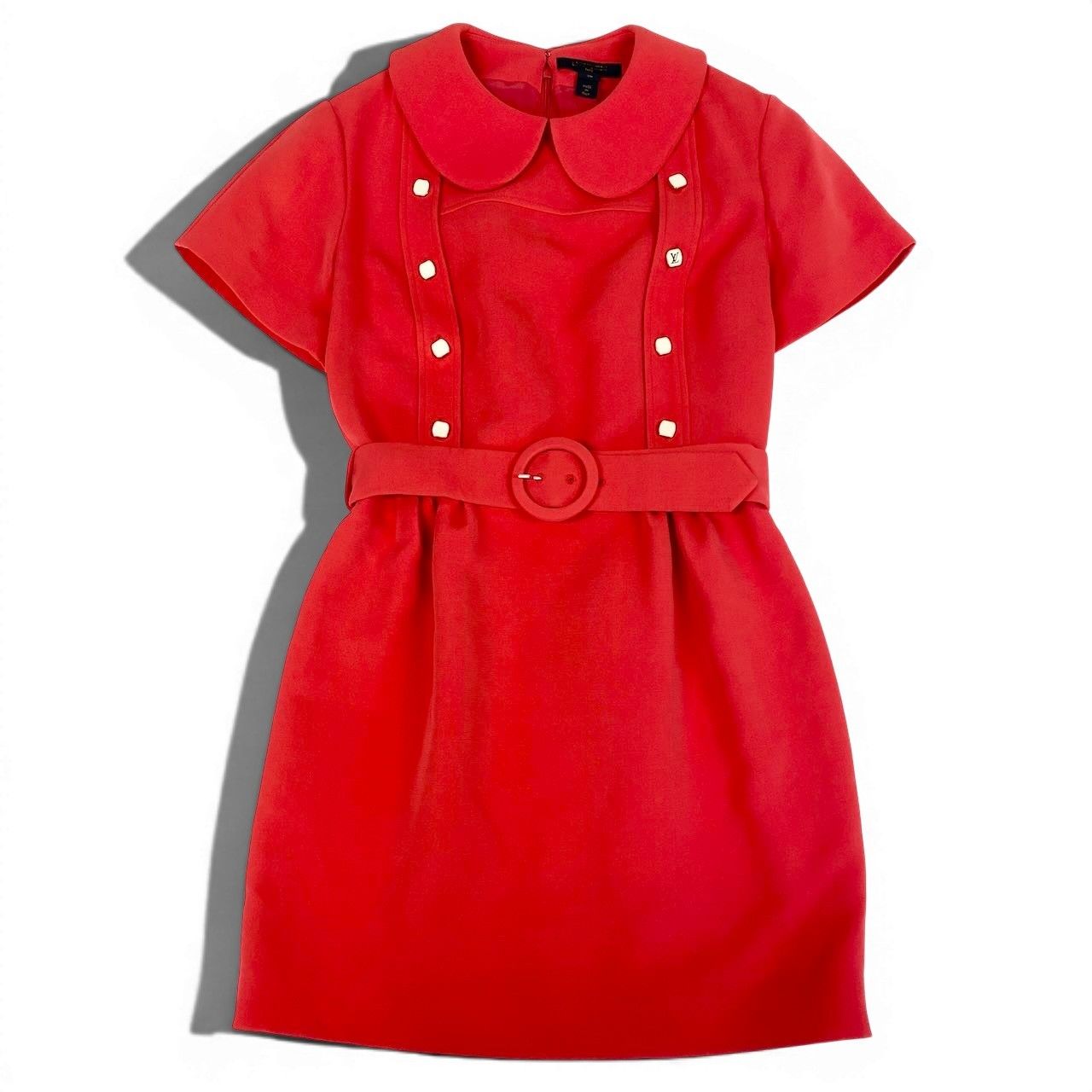 Louis Vuitton Belted Dress LV Logo Button Short Sleeve Hzl 38 Red — view 2